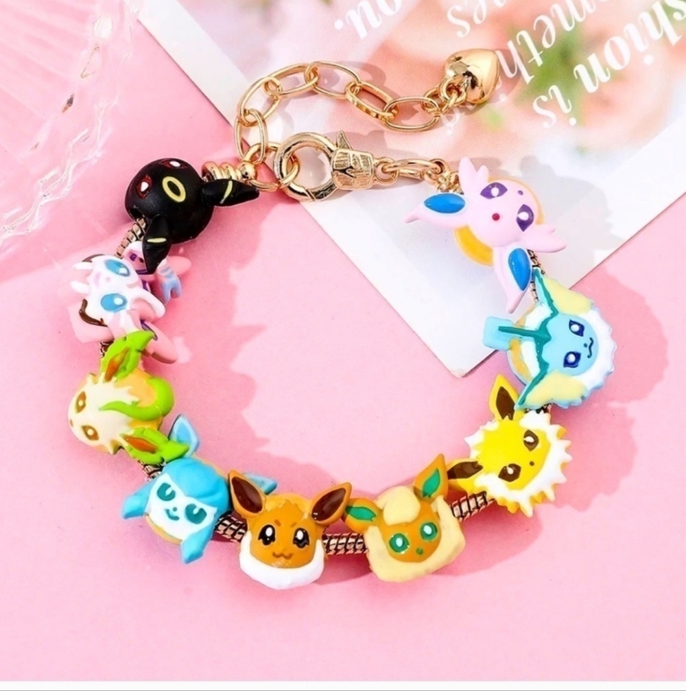 Gold Plated Pokémon Eeveelution Themed Charm Bracelet Adjustable Sizing Design